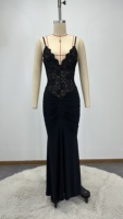 Robe longue de soirée sirène moulante noire en dentelle pour femme 2026, avec bretelles spaghetti, col en V et fronces
