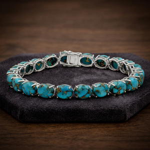 Bracelet tennis classique en argent sterling avec pierre ovale turquoise bleu cuivre, sertissage à griffes, finition polie miroir, bijou cadeau - Product Image 2