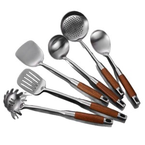 Stainless Steel Kitchen Utensil Set 5 Pieces Heavy Duty Wooden Handle Spatula Ladle Slotted Spoon Cooking Tools - Product Image 5
