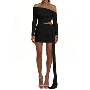 Women's One-Shoulder Ruched <b>Split</b>-Hem 2-Piece Set - Long-Sleeve Bodycon Party Co-ord Fashion - Product Image 1