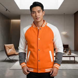 เสื้อแจ็คเก็ตวาร์ซิตี้สีส้มสำหรับผู้ชาย แขนเสื้อสีขาว ผ้าฟลีซ สวมใส่สบายในฤดูหนาว คอจีน ติดกระดุม ทรงปกติ สไตล์ไฮสตรีท ระบายอากาศได้ดี - Product Image 1