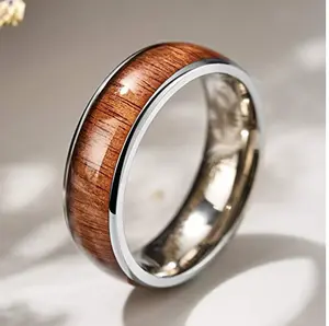 Foreign Trade Set of Titanium Steel and Acacia Wood Inlaid Rings Fashionable Tungsten Stainless Steel Rings Popular Accessories