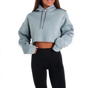 Sweat-shirt à capuche court pour femme, bleu clair, coupe oversize, épaules tombantes, en molleton, couleur unie, décontracté, manches longues, pour l'automne - Product Image 1