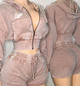 Ensemble deux pièces rétro sportswear uni personnalisable avec logo, effet délavé, fermeture éclair, capuche et leggings pour femme - Product Image 2