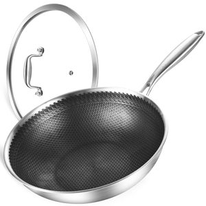 Poêle et <span class=keywords><strong>wok</strong></span> hybrides 28/30/32 cm avec couvercle de 30 cm, <span class=keywords><strong>en</strong></span> <span class=keywords><strong>acier</strong></span> <span class=keywords><strong>inoxydable</strong></span> nid d'abeille antiadhésif, batterie de cuisine avec couvercle <span class=keywords><strong>en</strong></span> verre - Product Image 1