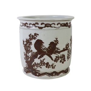Maceta cilíndrica de cerámica RZNA40-D estilo Chinoiserie, color marrón hierro, pintada a mano con dos gorjas y flor de <span class=keywords><strong>ciruelo</strong></span> - Product Image 1