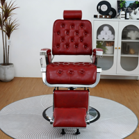 Fauteuil de barbier moderne rouge capitonné |   Fauteuil de Salon Hydraulique Robuste en Cuir avec Tête Inclinable et Rotation à 360 Degrés