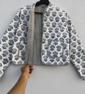 Handmade Quilted <b>Kantha</b> Cotton <b>Jacket</b> Floral Print Embroidery Knitted Technique Stand Button Reversible Short Trendy Winter Coat - Product Image 5