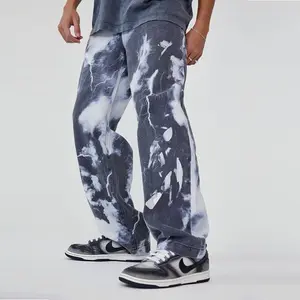 Quần Bò Nam Hàng Hiệu Chính Hãng High Street Wash Tie Dye Quần Denim In Quần Dài Ống Rộng Hip Hop Cho Nam Quần Jeans