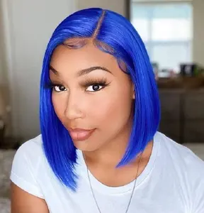 Bone Straight Bob Wig Vendor Short Blue Color Full Lace Wig Glueless Transparent 13x4 Lace Front Human Hair Wigs for Black Women