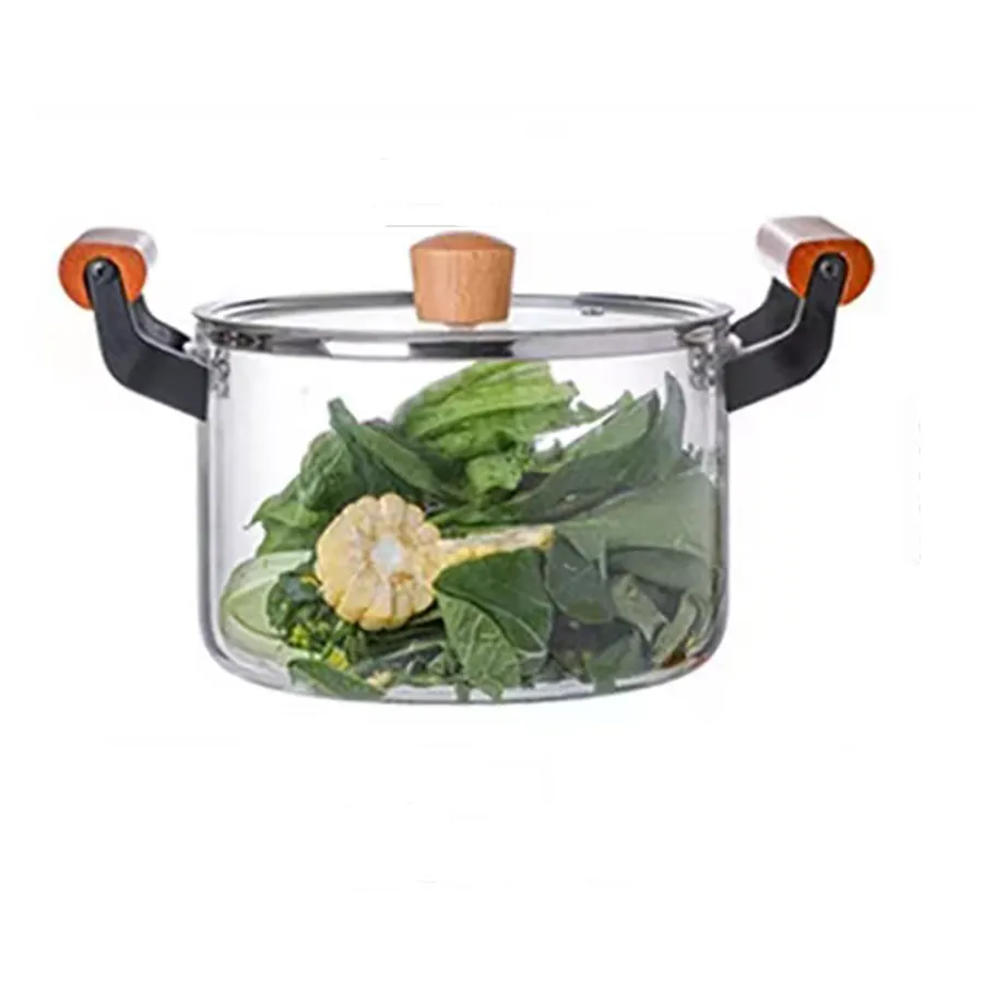 3.5LHigh Borosilicate Clear Glass Cooking Pot Cookware Set With Wooden Handles