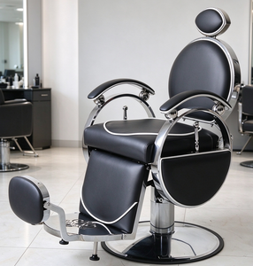 Fauteuil de barbier en cuir noir, hydraulique, inclinable, avec repose-pieds réglable et base ronde, pour salon de coiffure - Product Image 1