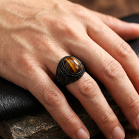 Bague Chevalière en Acier Inoxydable 316L Style Viking Nordique Vintage avec Onyx Noir et Œil de Tigre en Pierre Naturelle pour Hommes – Vente en Gros