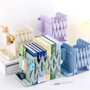 Soporte telescópico de metal para libros con caja de bolígrafos, archivador de almacenamiento de escritorio de oficina para estudiantes, soporte de papelería para libros de texto - Product Image 2