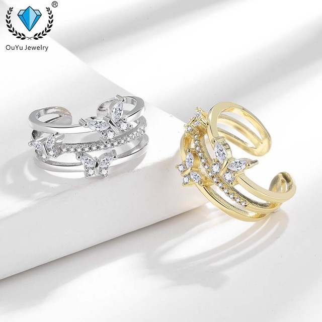 Ring Elegant and Lovely butterfly Silver-plated Brass Ring with a Sweet Temperament and Micro-setting Shiny Zircon Ring