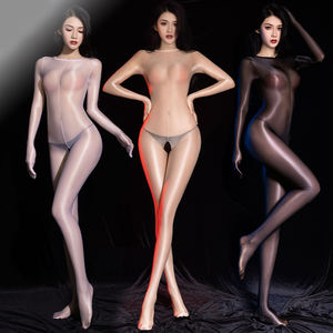 6443 Sexy Vrouwen Glansrijke Doorzichtige Olieachtige Volledige Body Tights Open Kruis Pantyhose Transparante Bodykousen - Product Image 1