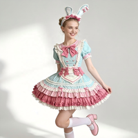 Robe Lolita rose pastel et verte avec volants, tablier et bandeau KC, ensemble complet pour femme, costume cosplay