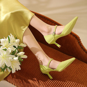 Wholesale High Quality Slim High Heels <strong>Yellow</strong> Shallow Mouth Pointed Toe Slip-on Genuine Leather <strong>Dress</strong> <strong>Shoes</strong> - Product Image 2
