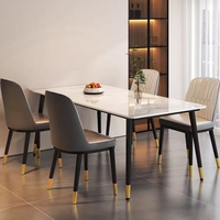 Table à manger en pierre frittée de luxe léger, rectangulaire, aspect marbre, plateau en pierre, pieds en métal noir et or, table de cuisine moderne minimaliste