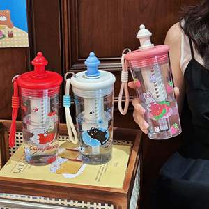 Bouteille d'<span class=keywords><strong>eau</strong></span> <span class=keywords><strong>portable</strong></span> en plastique sans BPA de 600 ml pour filles, avec paille et infuseur, motif dessin animé - Product Image 3