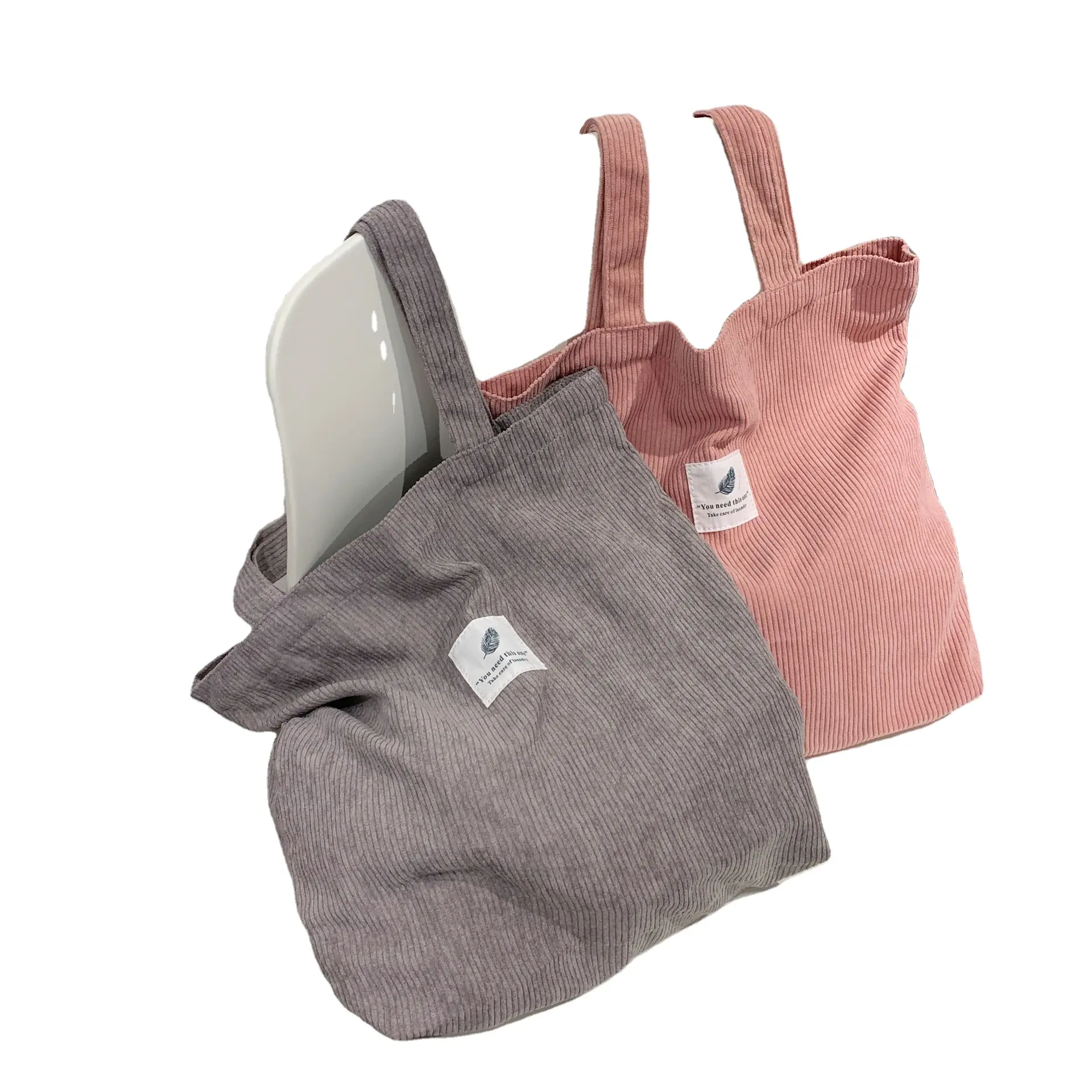 Bolso grande de pana para mujer, bordado con logotipo personalizado, multifuncional, ecológico, uso diario, bolso de hombro para compras impreso