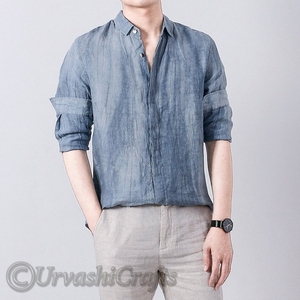 Camisas de hombre personalizadas al por mayor 2024, camisas informales de manga larga de algodón y lino, vestido Formal, ropa de negocios, camisa de Color sólido para hombre OEM - Product Image 1