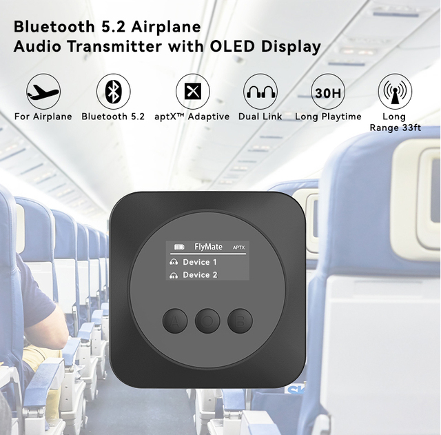 Qualcomm AptX Low Latency Bluetooth 5.2 Airplane Transmitter Wireless Audio Adapter for In-Flight Entertainment