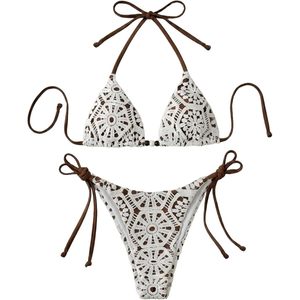 Women's Crochet <b>Bikini</b> <b>Set</b> Triangle <b>String</b> Halter Tie Side High Cut 2 Piece Swimsuit Stretch Lace Up - Product Image 1