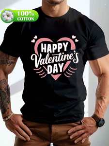 T-Shirt da Uomo in Cotone con Stampa 'Happy Valentine's Day', Collo Tondo, Manica Corta, Vestibilità Regolare, Abbigliamento Casual, Stile Primavera-Estate - Product Image 3