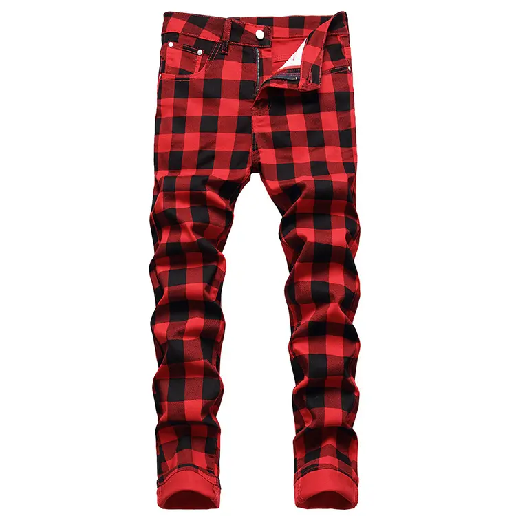 High Street Men Red Plaid Printed Pants Fashion Slim Stretch Jeans Trendy Plus Size 42 Straight Trousers for Men