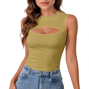 Top sin mangas de punto verde oliva para mujer, cuello redondo, estilo sexy para discoteca, longitud regular - Product Image 3