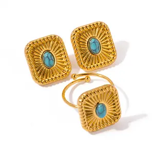 New Arrival Trendy Gold Plated Vintage Style Square Shaped Turquoise Paved Stainless Steel Ring Stud Earrings Jewelry Set