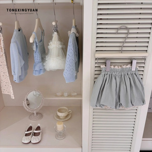 Girls Two Piece Set Off White Lace Top Gray Lantern Pants Cotton Spring Summer Outfit - Product Image 3