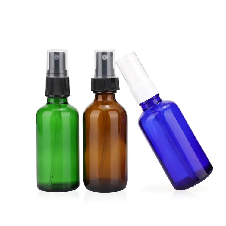 Wholesale amber blue perfume spray 5ml 10ml 30ml 50ml 100ml round glass essential oil dropper bottle with black aluminum sprayer