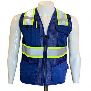 Chaleco de Seguridad Reflectante Azul Marino Personalizado, Transpirable, de Malla de Poliéster, con Múltiples Bolsillos y Cremallera, Uniforme de Trabajo para Hombre - Product Image 1