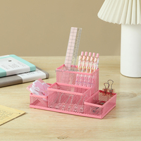 Organisateur de bureau carré en métal durable rose à 4 compartiments, personnalisable, avec porte-stylos et crayons en maille élégante pour bureau, salle de classe, maison, école