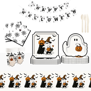 DAMAI Happy White Halloween Paper Plates Set Halloween Theme Party Decorations Paper Plates Cups Napkins for Halloween Party - Product Image 1