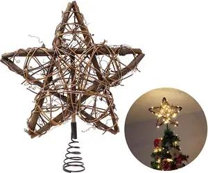 Natuurlijke Rotan Ster Led Koperen Lamp Decoratie Rotan Lente Voet Staaldraad Kerst Ster