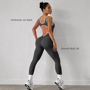 Großhandel Sport One Piece Jumps uit mit langen Hosen Custom Logo Frauen Blank Gym Training Fitness Workout Yoga Nahtloser Bodysuit - Product Image 3