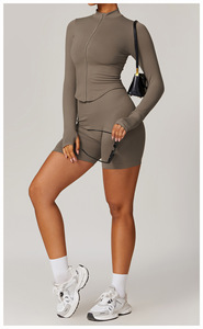 2025 veste à glissière accrocher soutien-gorge Biker Shorts 3 pièces ensemble FW sans couture côtelé manteau chaud haut Scrunch bout à bout court Gym Sport Yoga ensemble - Product Image 6