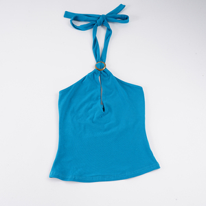 Haut en tricot élégant et respirant à col halter ajouré, sexy, couleur unie, sans manches, en viscose/polyester 220g, imprimé numériquement, pour femme - Product Image 2