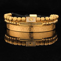 Ensemble de bracelets en acier titane vintage avec couronne en zircon incrustée de cuivre à lettres romaines transfrontalières, bracelet ouvert en maille électro-plaqué
