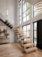 Escalier flottant pour villa, hôtel, hall d'entrée, marches en bois en cantilever, garde-corps en verre sans cadre, escalier intérieur moderne
