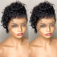 Perruques Lace Closure wig sans colle brésiliennes, cheveux humains, coupe Pixie, 13x4, courtes, bouclées, pre-plucked, cheveux vierges bruts
