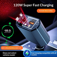 Chargeur de voiture rétractable 120W avec lumière ciel étoilé, chargeur de voiture rapide 4 en 1, câble extensible pour 4 appareils simultanément