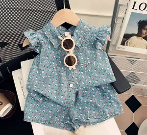 2024 Summer girls' set flying sleeves denim print set female baby fashion single breasted top and shorts two piece set