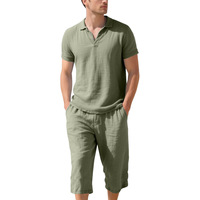 Conjunto de Camiseta Polo Holgada y Transpirable de Fibra de Bambú para Hombre y Pantalones Capri de Playa para Verano