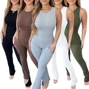 Bahar 2023 kadın s giyim kolsuz tek parça geniş bacak tulumlar Playsuits Bodysuits fermuar trend nervürlü tulum