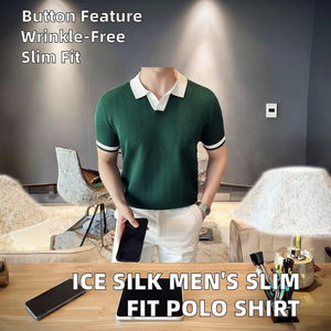 Polo manches courtes de couleur contrastée pour homme, coupe ajustée, t-shirt en tricot de soie glacée avec col montant, tissé anti-rides - Product Image 2