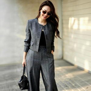 Blazer Gris a Rayas de Lana/Seda Transpirable de Un Solo Botón para Mujer, Estilo Casual de Negocios para Oficina - Product Image 1